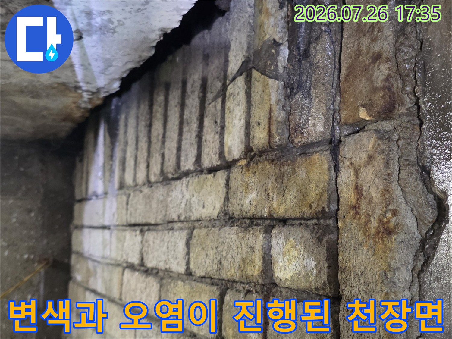 천장 콘크리트-슬래브 표면에 누수로 인한 짙은 얼룩과 습기가 가득한 모습