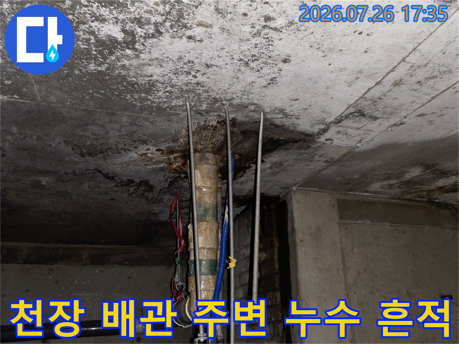콘크리트 천장 슬래브-배관 연결 부위의 습기와 오염 상태