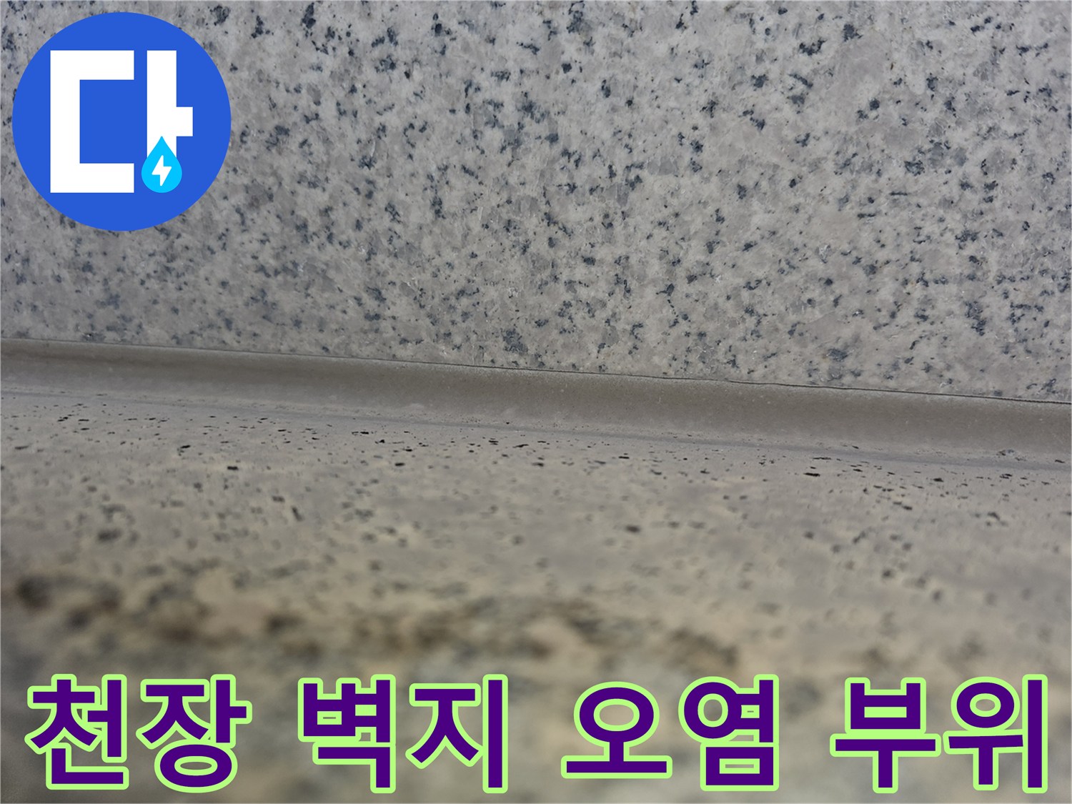 누수 피해로 인해 변색되고 곰팡이가 발생한 천장