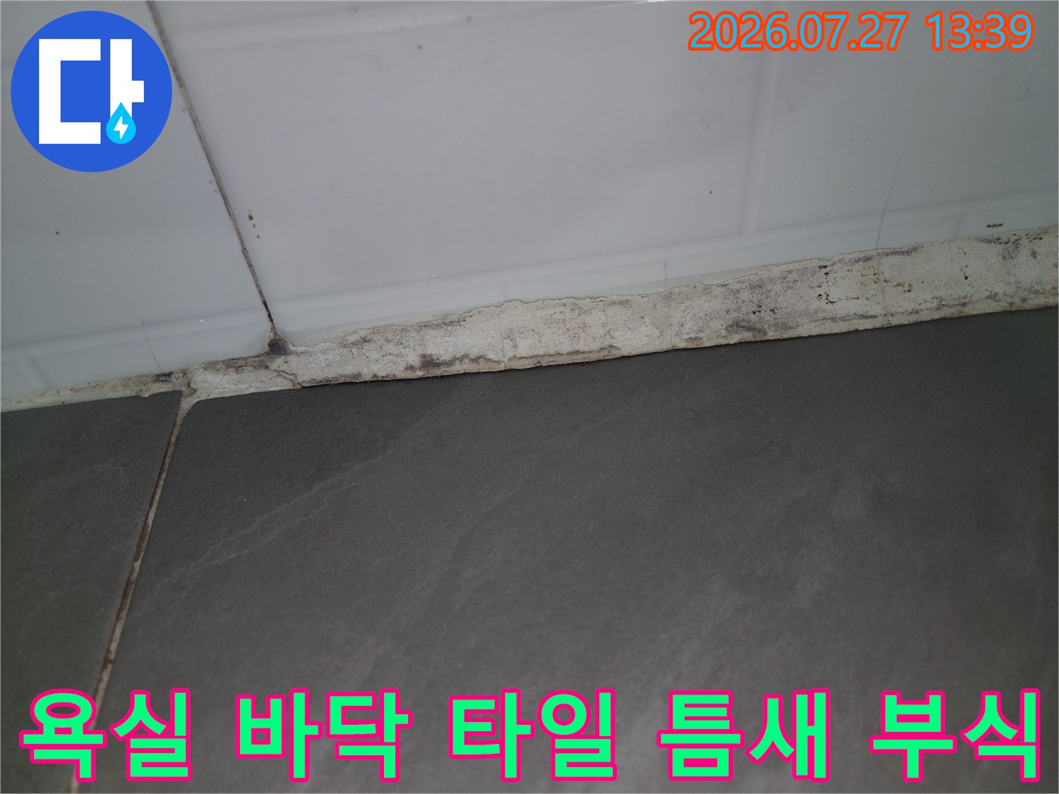 벽면-타일-하단-접합부에-백화현상과-함께-마감재가-손상된-근접-사진