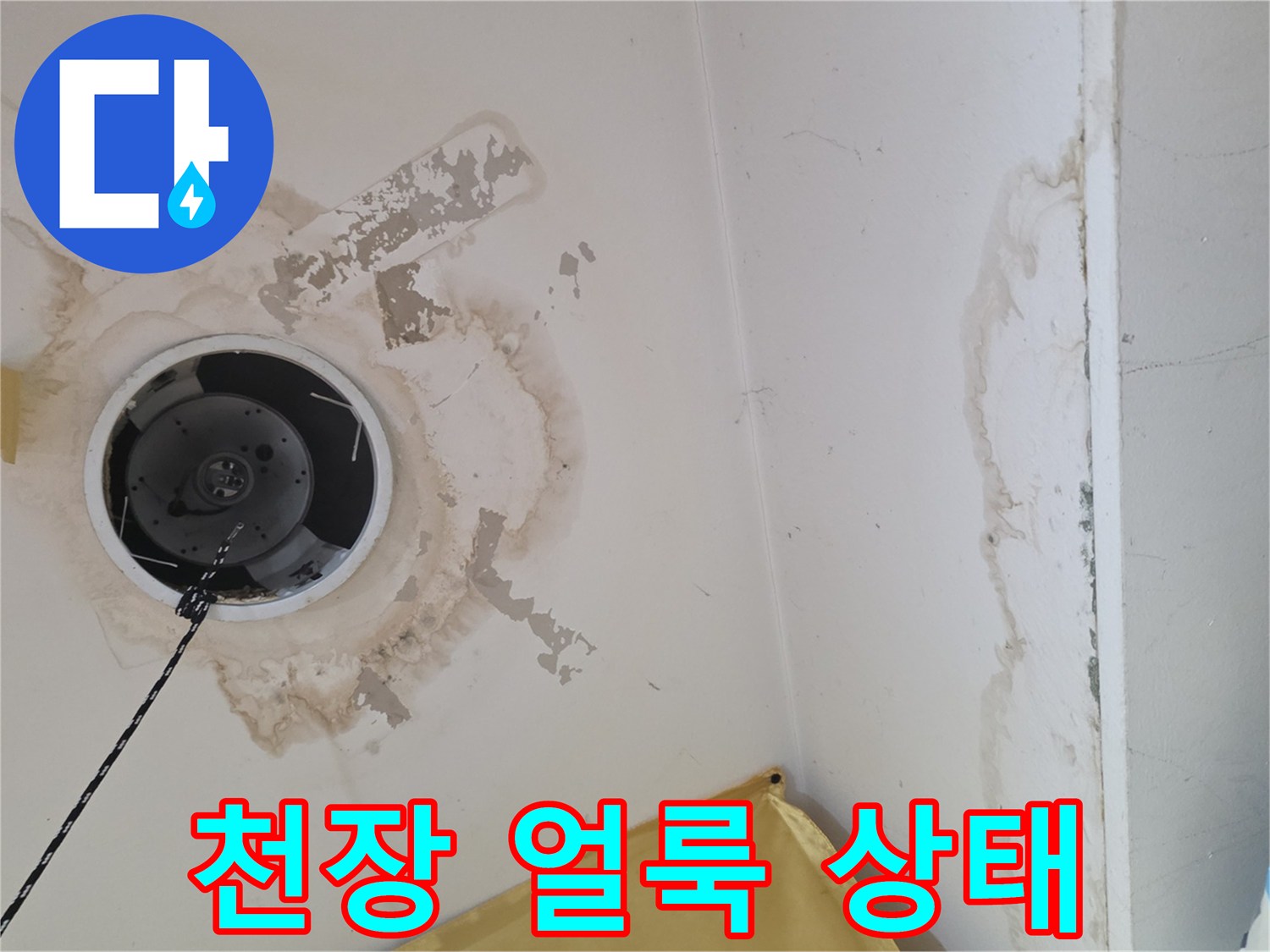 물샘으로 인해 변색되고 오염된 천장 마감재 부위