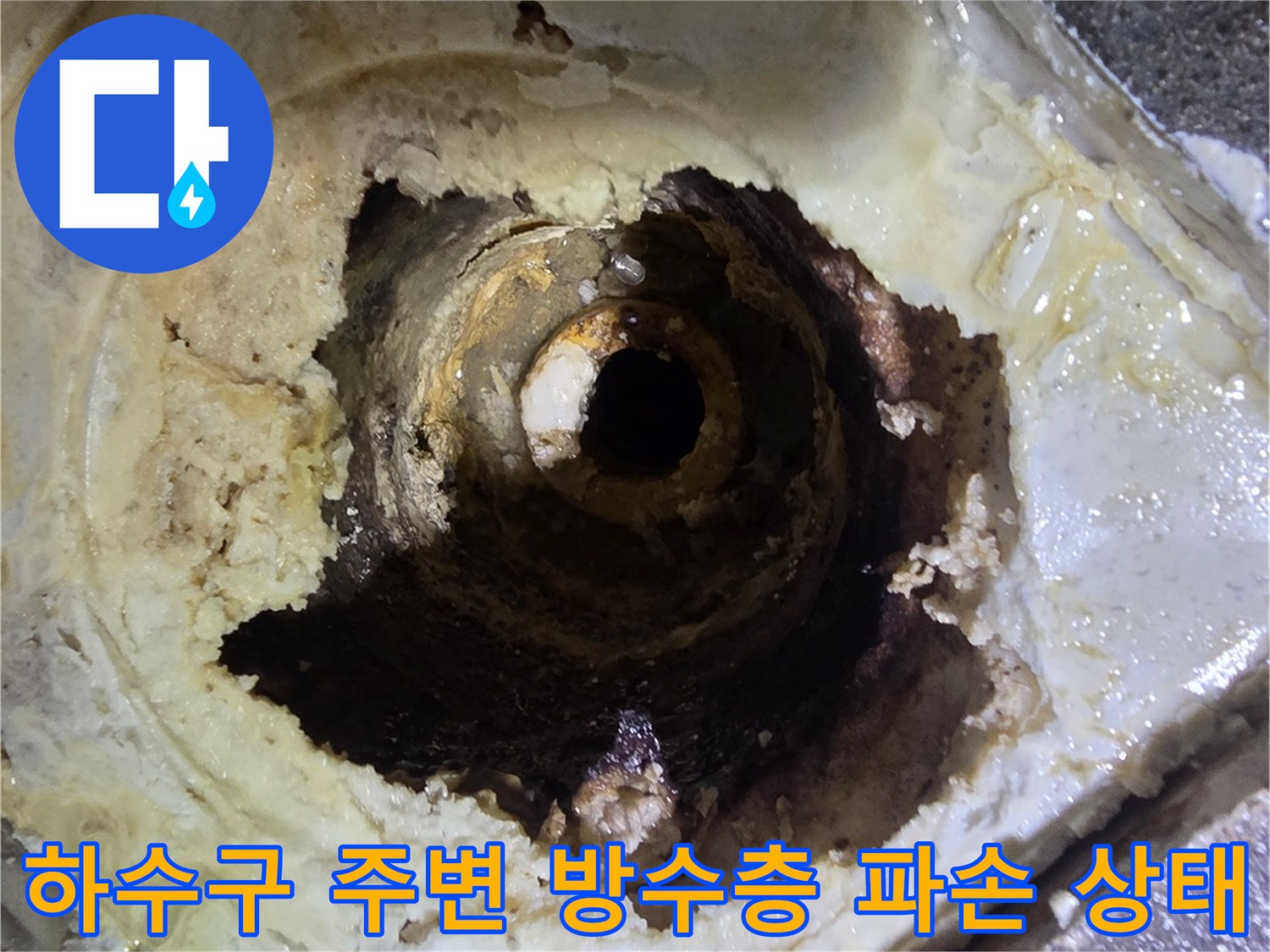 욕실 바닥 배수구 내부-파손된 방수층과 오염된 배관 부위