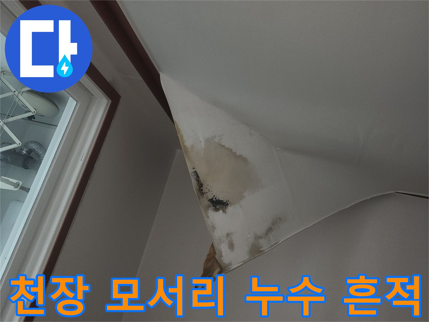 천장 끝부분의 젖은 얼룩과 변색된 도배지 모습입니다.