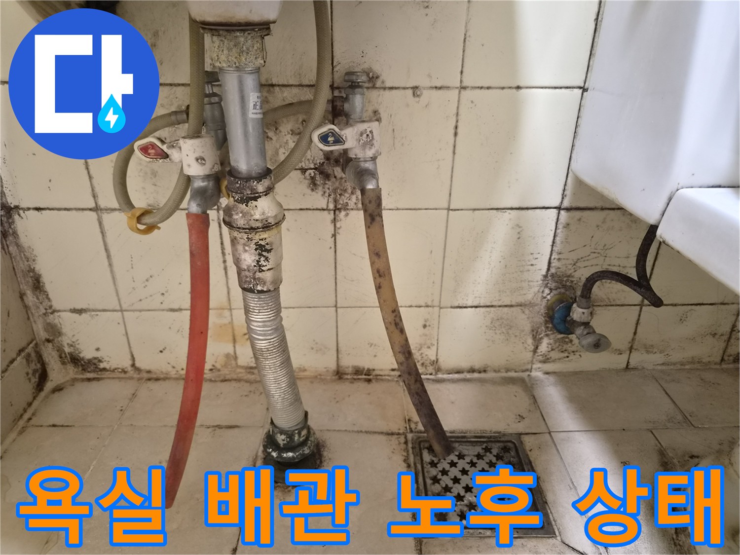 습기로 인해 곰팡이가 발생한 욕실 타일과 세면대 하단 배관