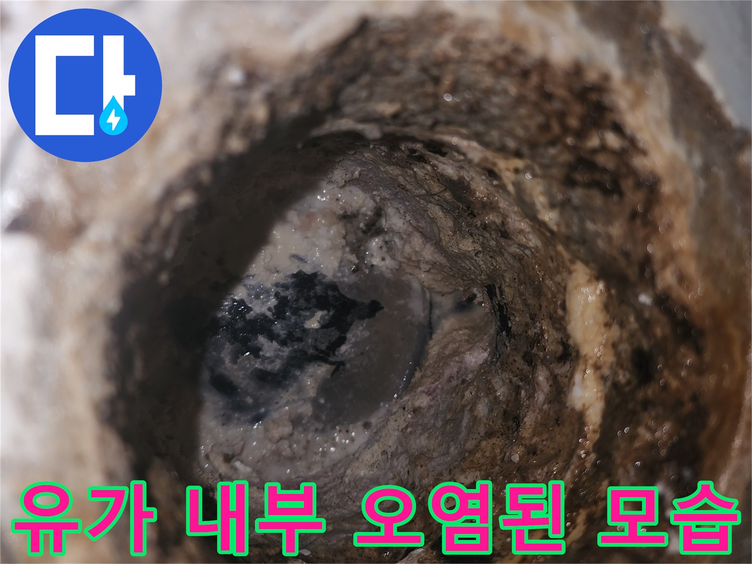 하수 배관 유가 주변의 오염물과 틈새를 상세히 보여주는 사진입니다.