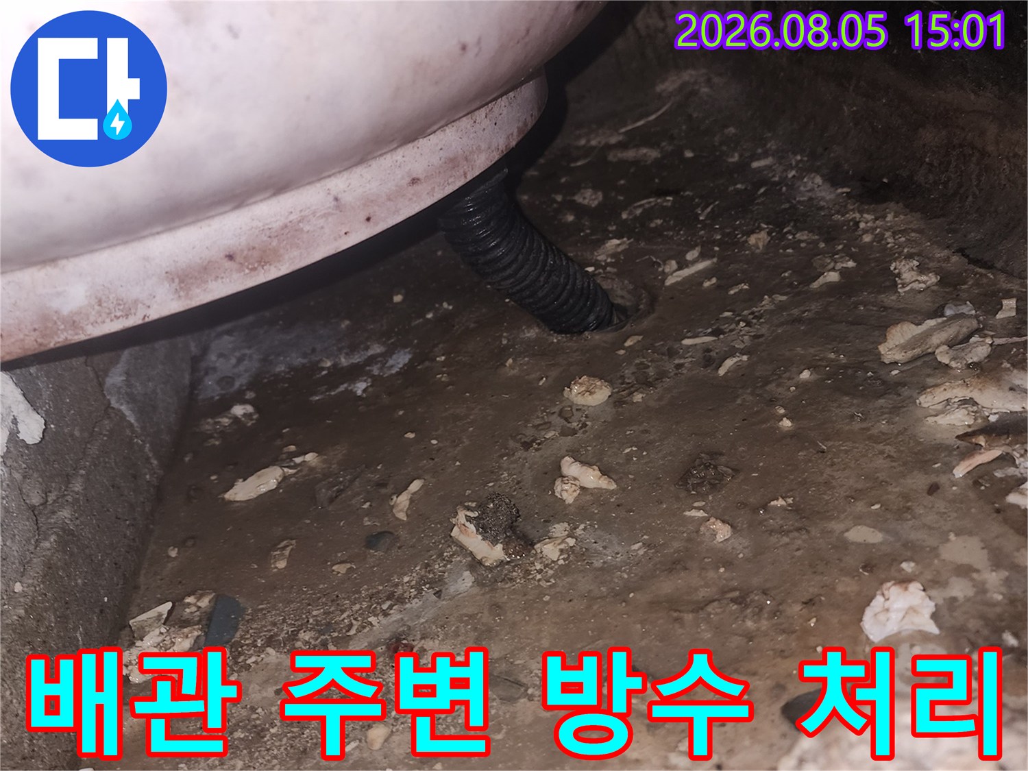 먼지 낀 벽면과 배관이 노출된 욕조 아래쪽 공간의 상세 모습