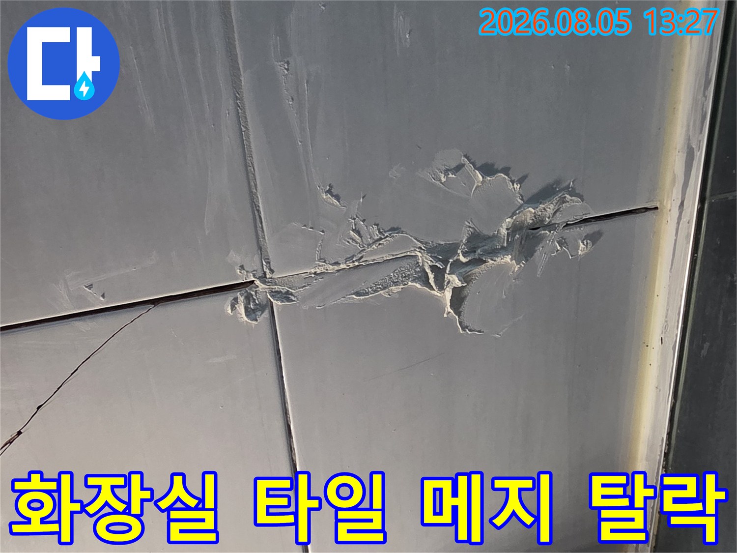 갈라진 줄눈과 파손된 타일 면의 상세 모습