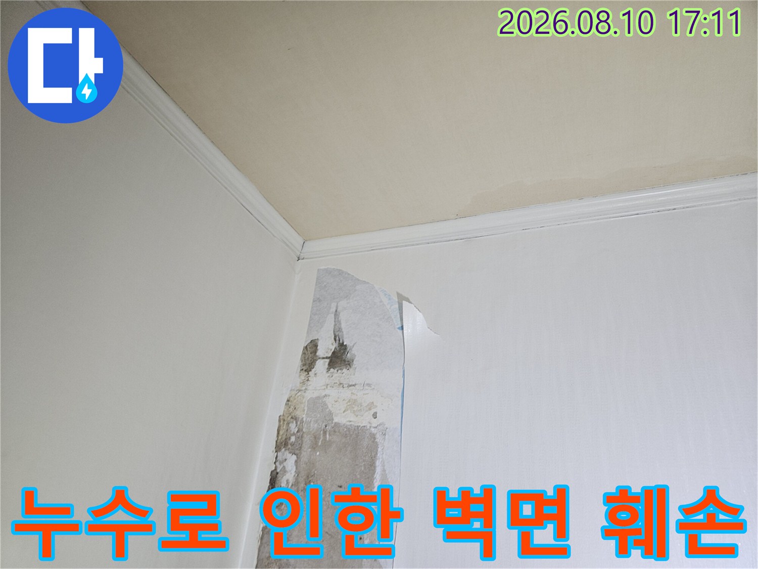 벽면 도배재가 습기를 머금어 들뜨고 벗겨진 누수 피해 현장입니다.
