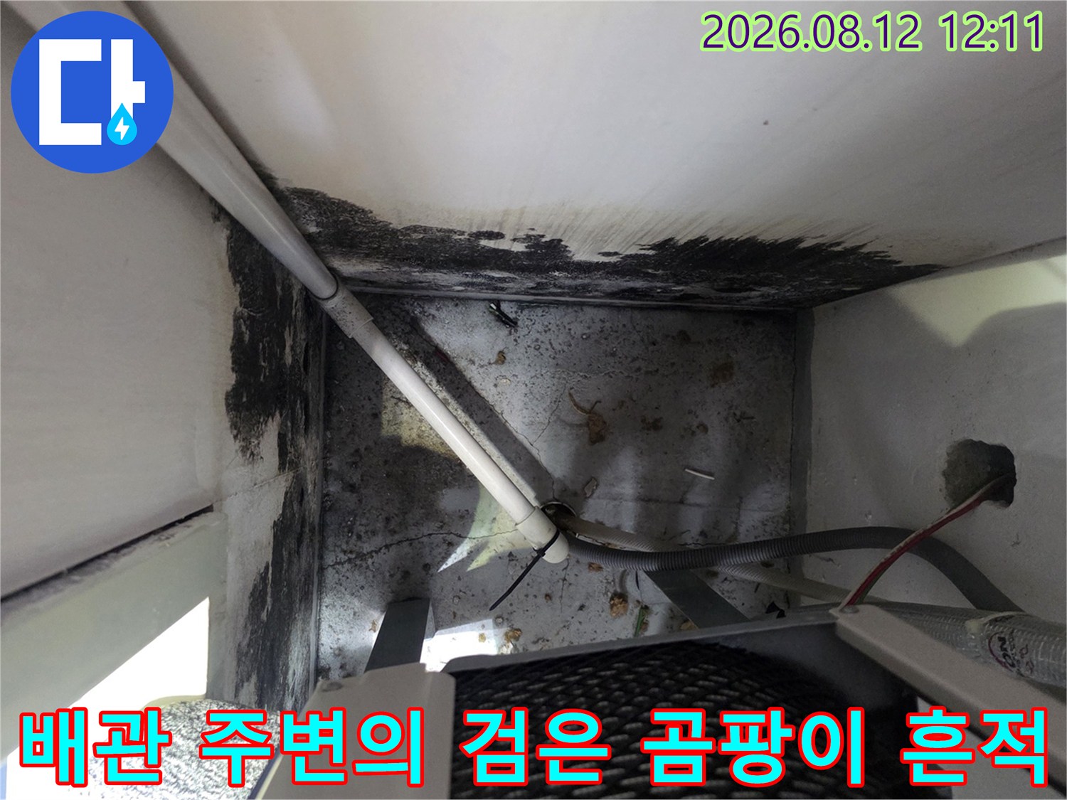 보일러실 배관 연결 부위 벽면에 발생한 곰팡이와 습기 얼룩