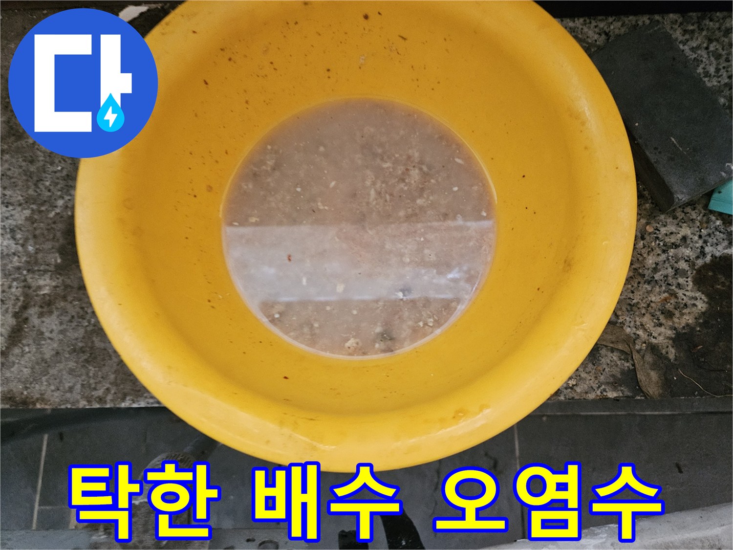 하수관 막힘으로 인해 역류하여 대야에 담긴 탁한 오염수