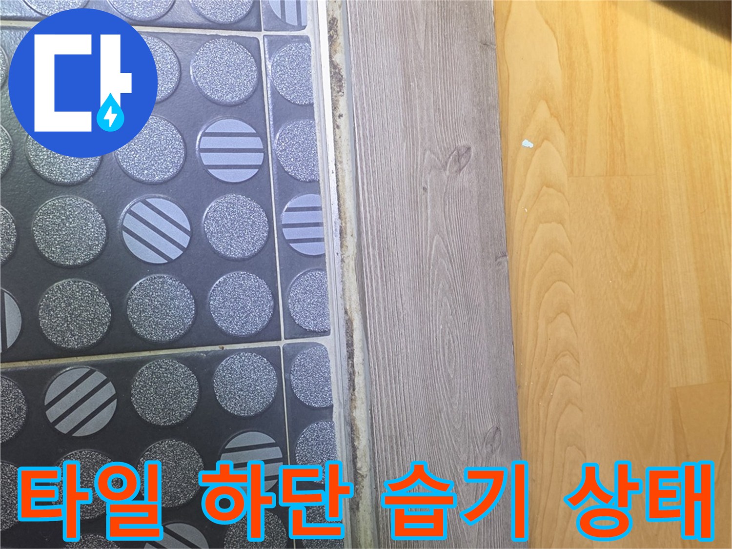 욕실 바닥 타일 끝부분과 거실 마감재 사이의 습기 노출 부위