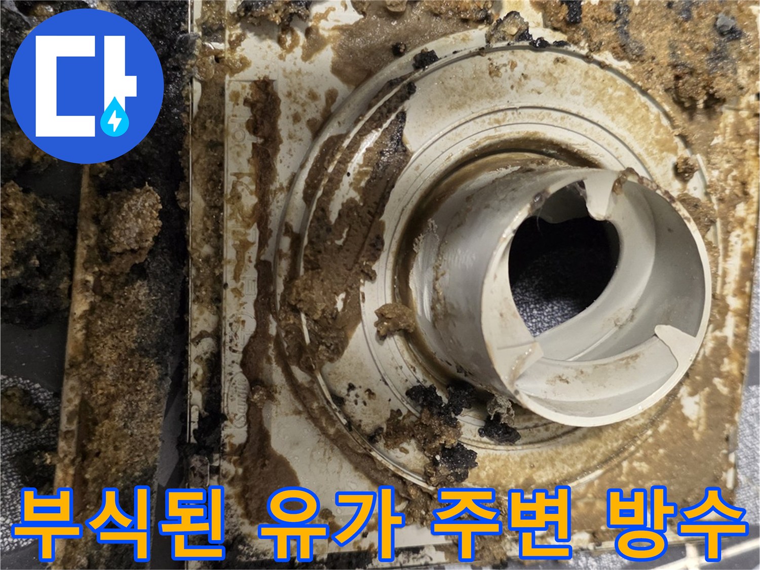 이물질로 오염되고 파손된 욕실 배수구 내부 - 방수층 손상 확인