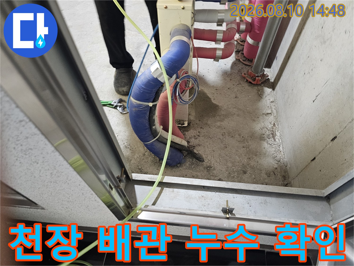 화장실 천장 내부의 분홍색 및 파란색 배관 연결 상태를 점검하고 있습니다.