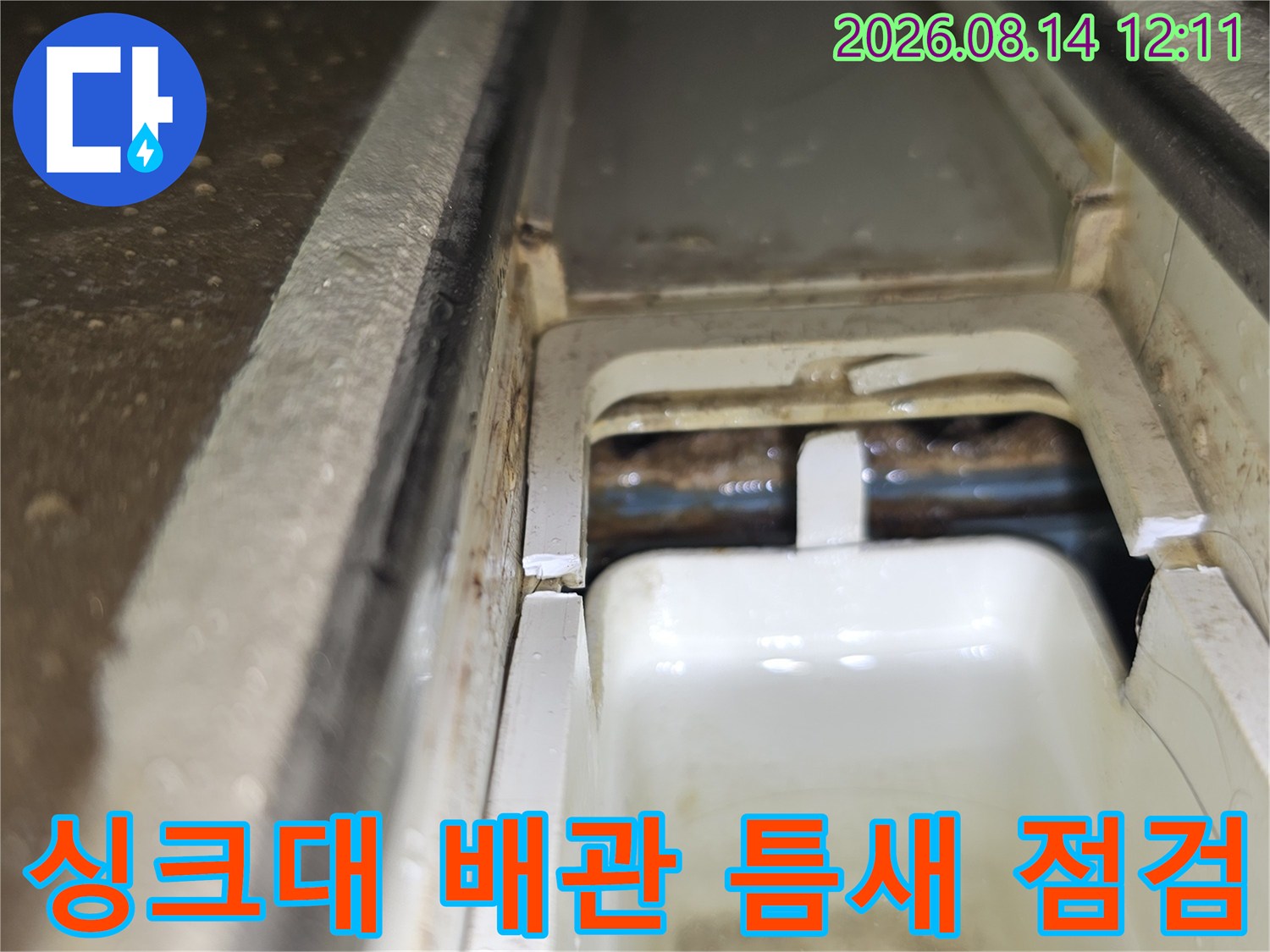 싱크대 하부의 배관 연결 부위와 구조물 사이를 조사하고 있습니다.