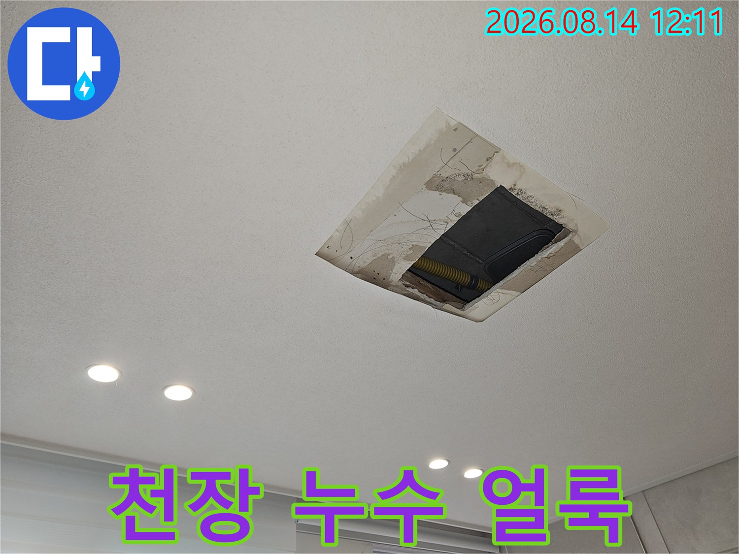 아파트 천장 점검구 주변에 발생한 누수 흔적과 물자국 현상