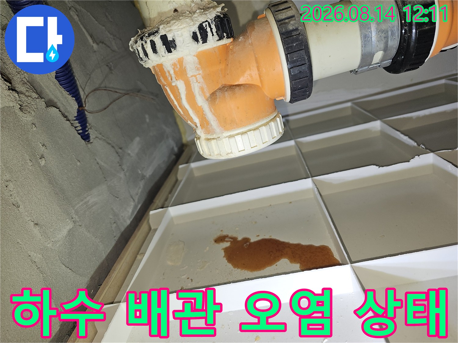 하수 배관 연결 부위의 누수 흔적과 물 고임 현상