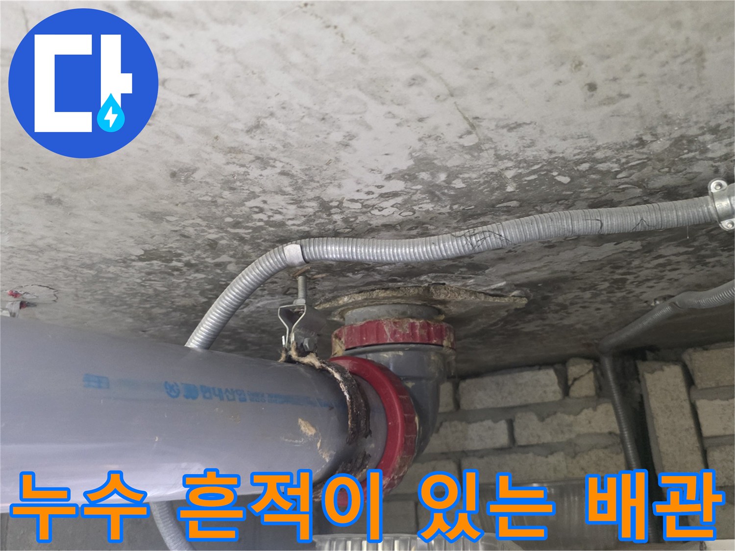 천장 슬라브와 연결된 회색 PVC 배관 및 노후된 전기 박스