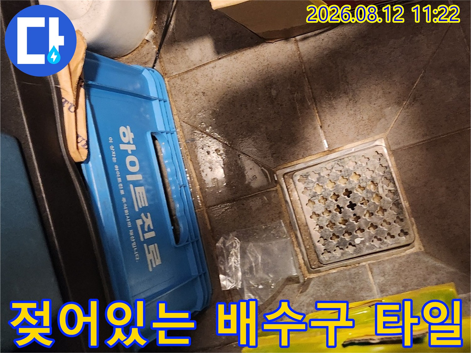 배수구 주변 타일 틈새에 스며든 물기와 습기