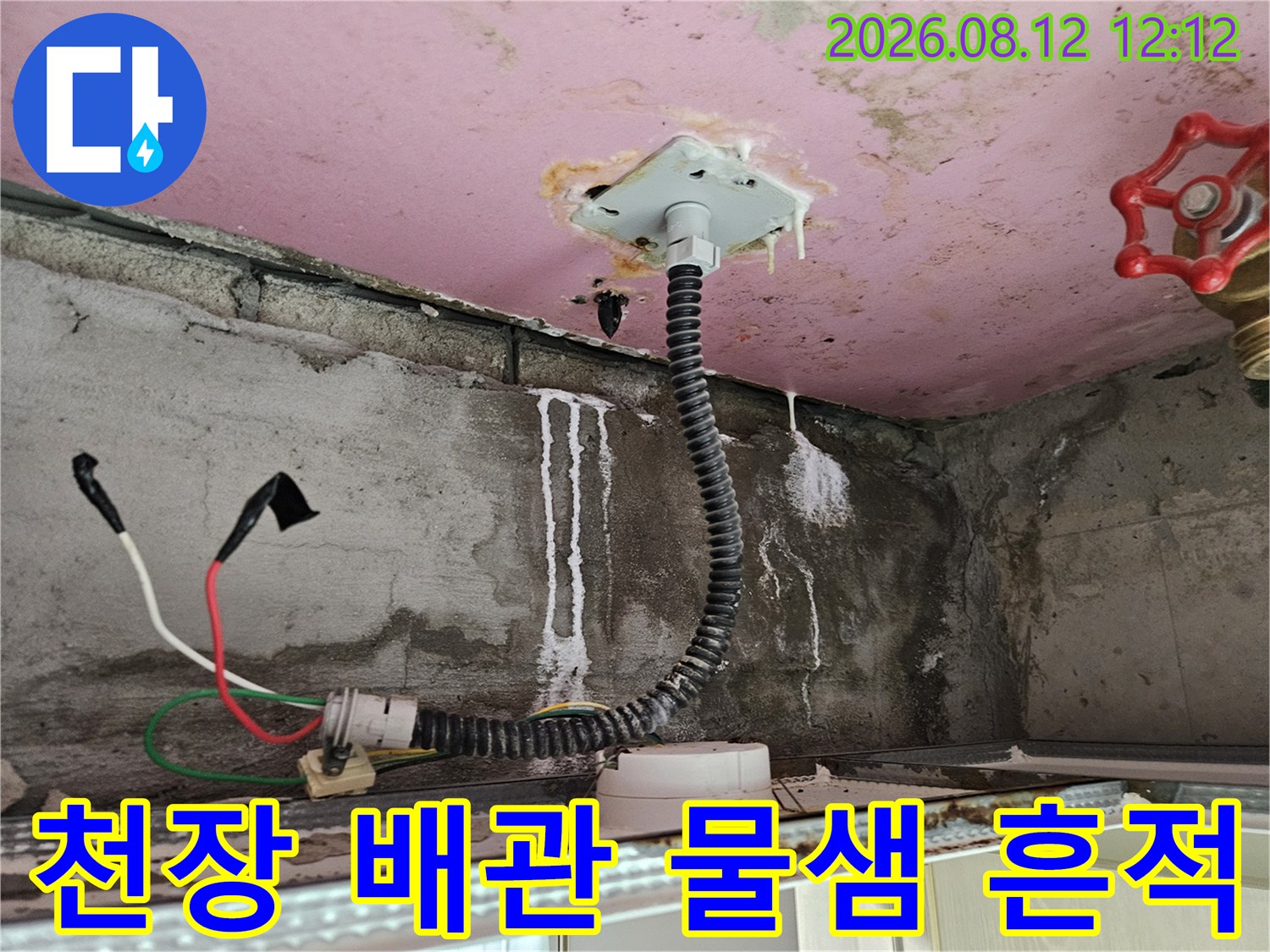 화장실 천장 내부의 배관 주변 누수 및 하얀 얼룩 이미지