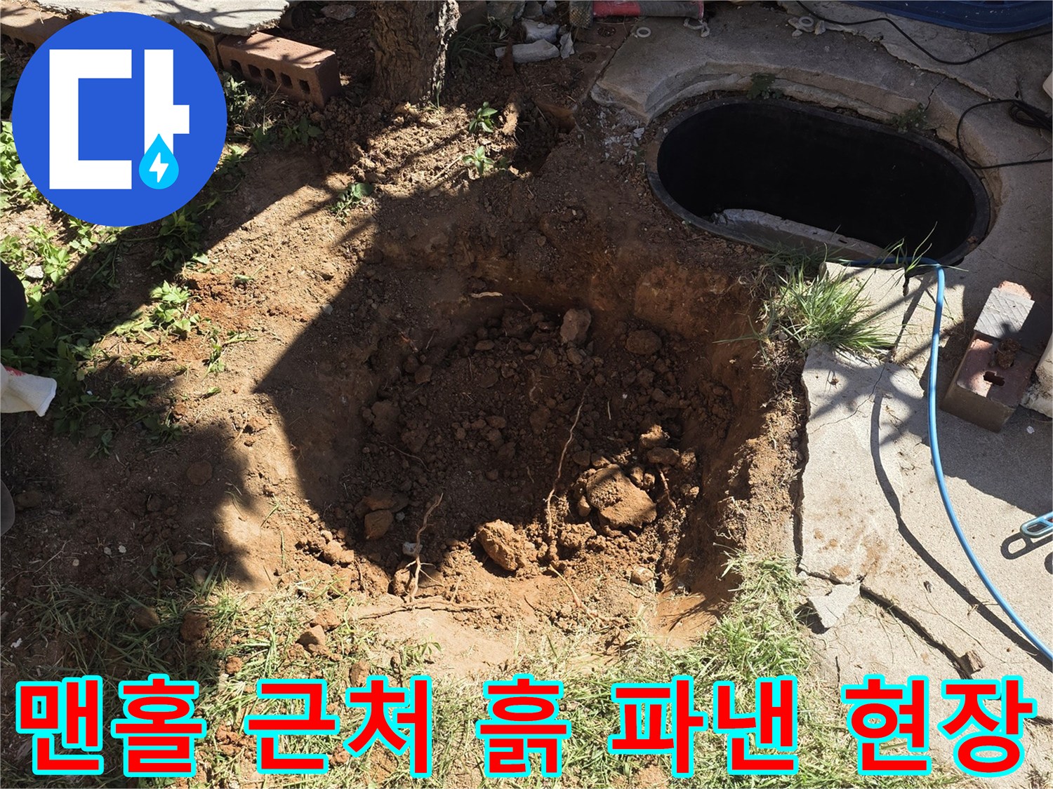 맨홀과 나무 사이의 굴착된 지면과 노출된 토양의 모습입니다.