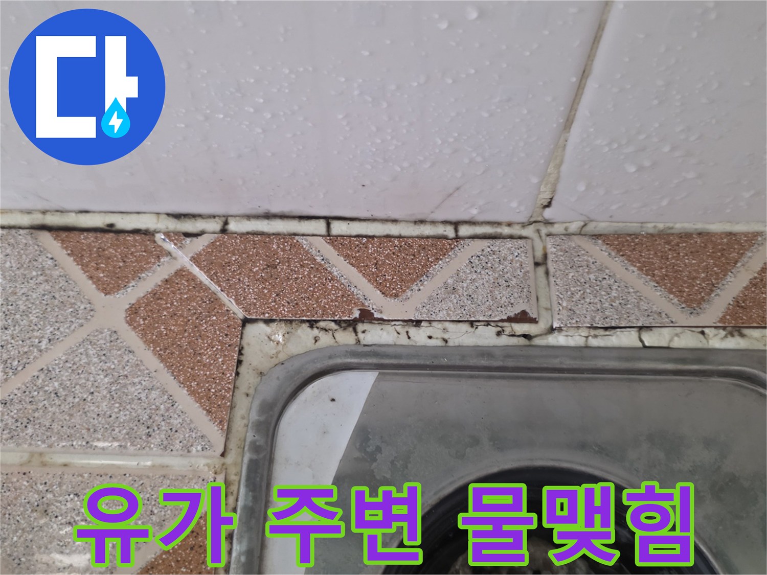 욕실 배수구 유가-주변 타일 틈새에 물이 고여 있는 상태