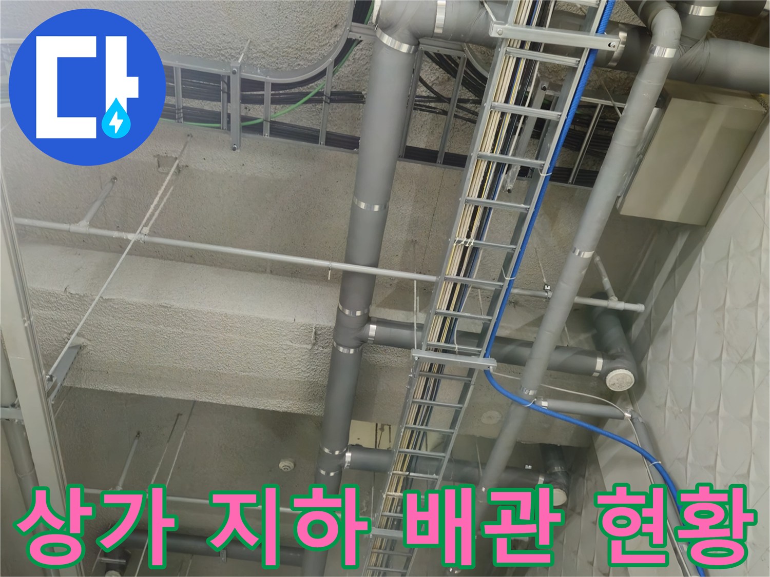 과천 별양동 상가 지하 주차장 천장의 복잡한 배수관 및 전기 트레이 구조