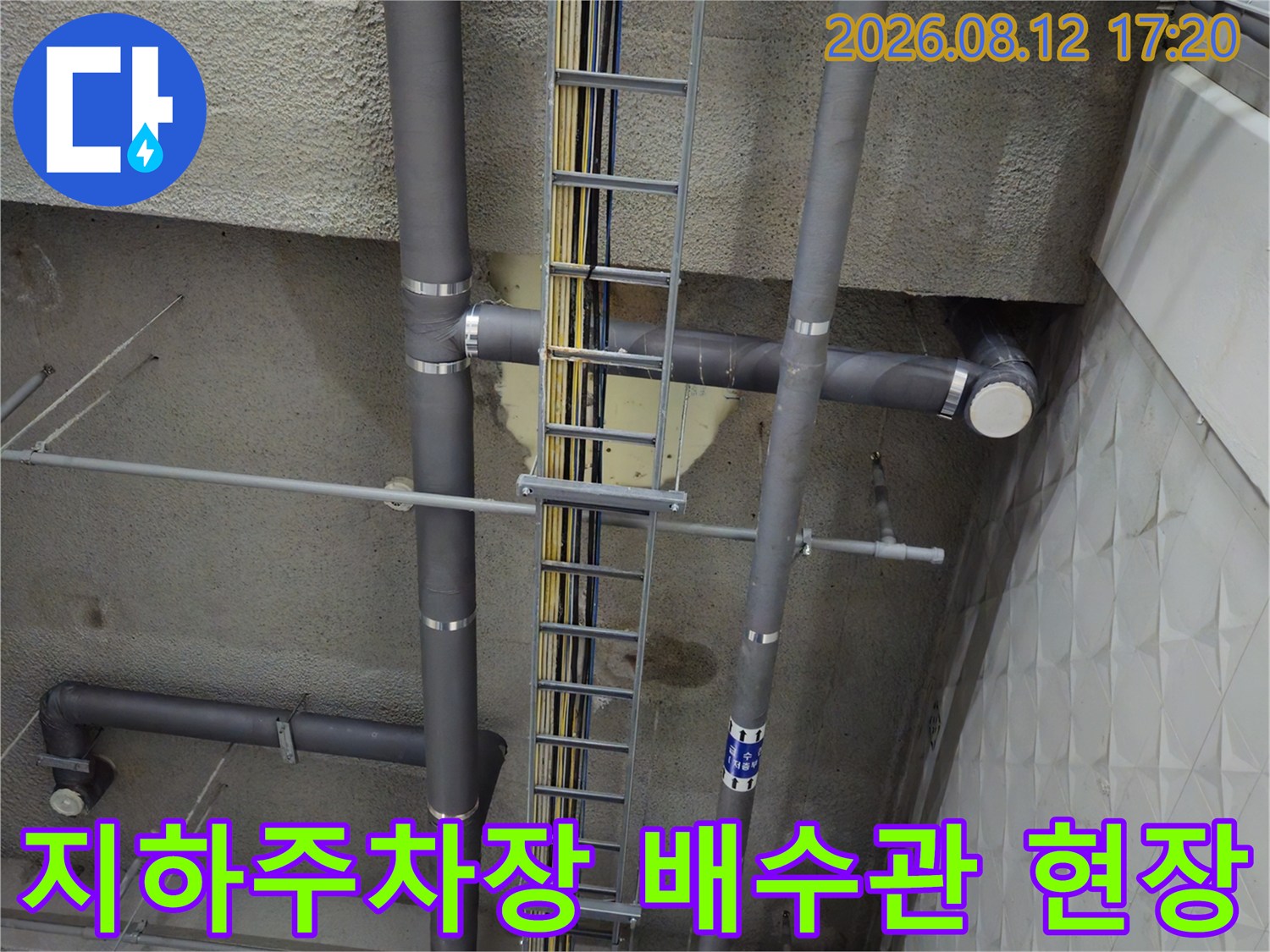 과천 별양동 상가 지하주차장 천장의 배수관과 케이블 트레이 모습입니다.