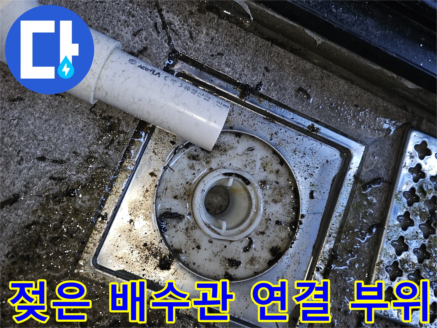 배수구 주변의 습기와 검은색 오염물질 상태