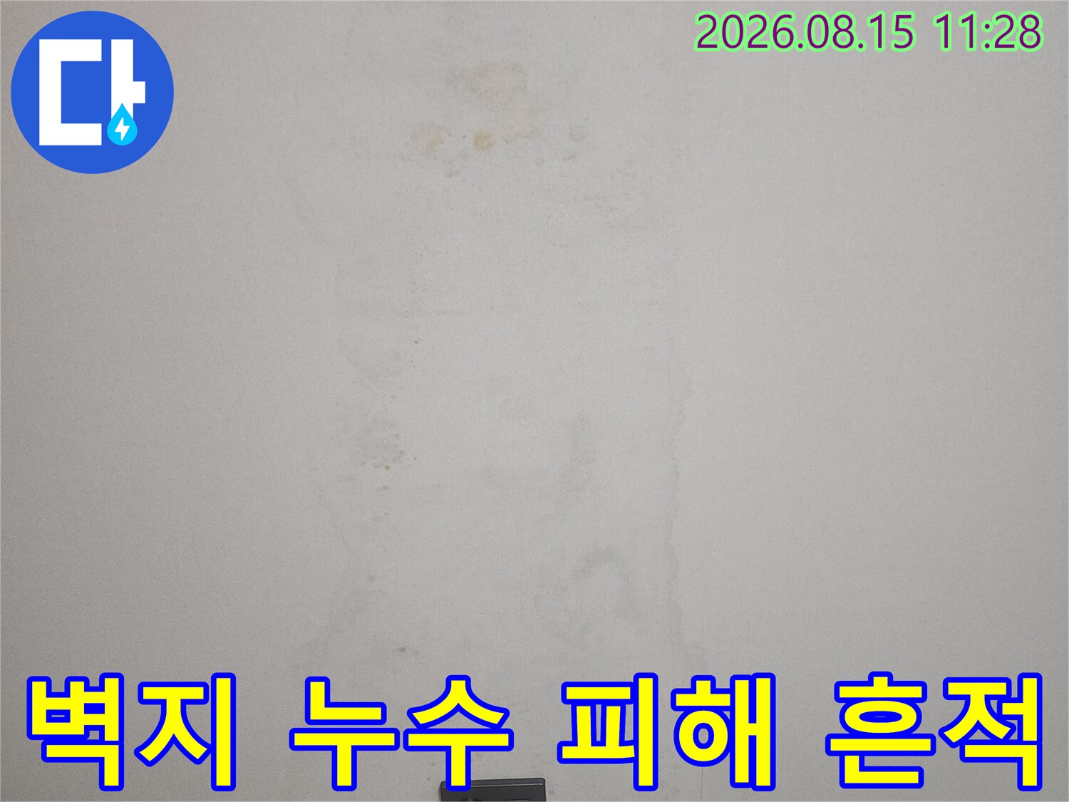 천장 벽면 스위치 근처에 집중된 누수 얼룩과 습기 자국
