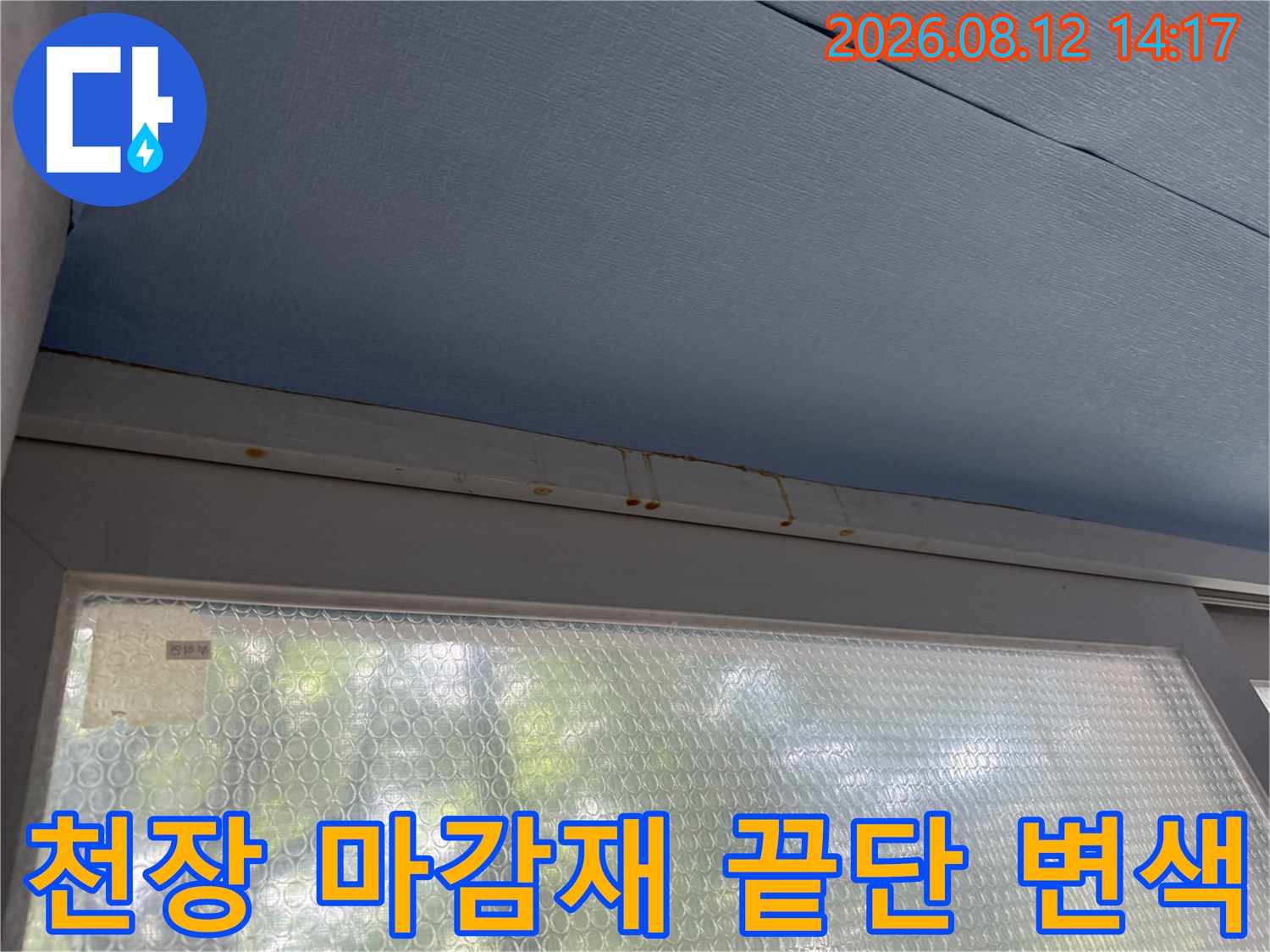 푸른색 천장과 흰색 테두리 접합부에 나타난 갈색의 누수 얼룩-피해 현장