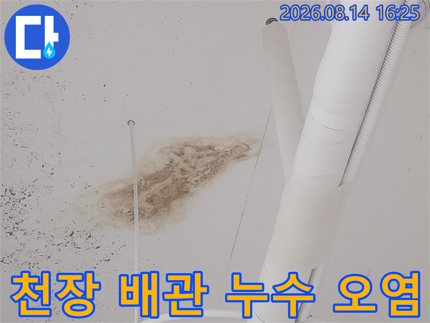 하얀 천장재의 갈색 누수 변색 부위