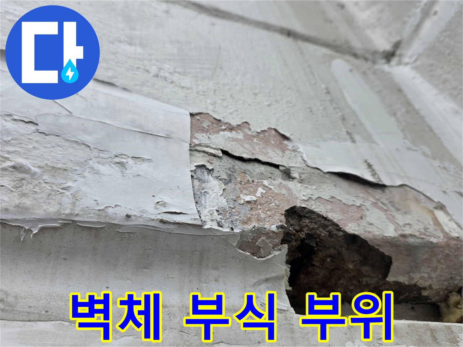 습기로 인해 훼손된 콘크리트 벽면의 상세 사진