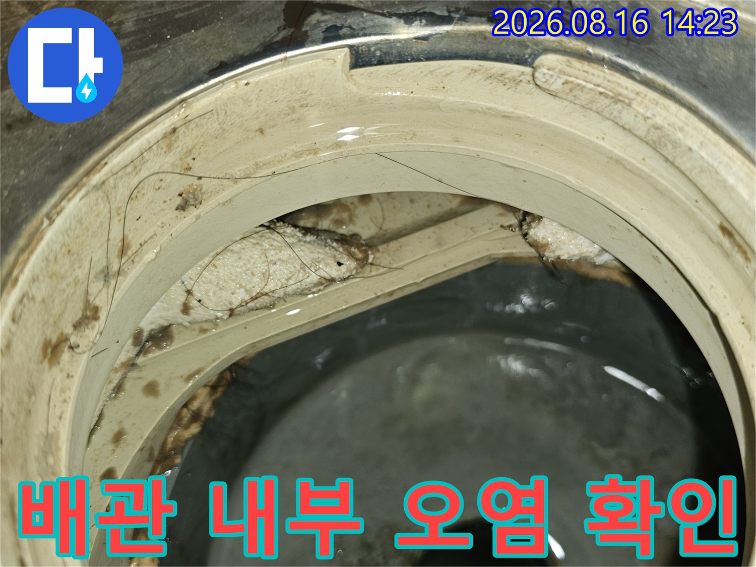 하수관 연결 부위의 곰팡이와 오염된 상태를 보여주는 사진입니다.