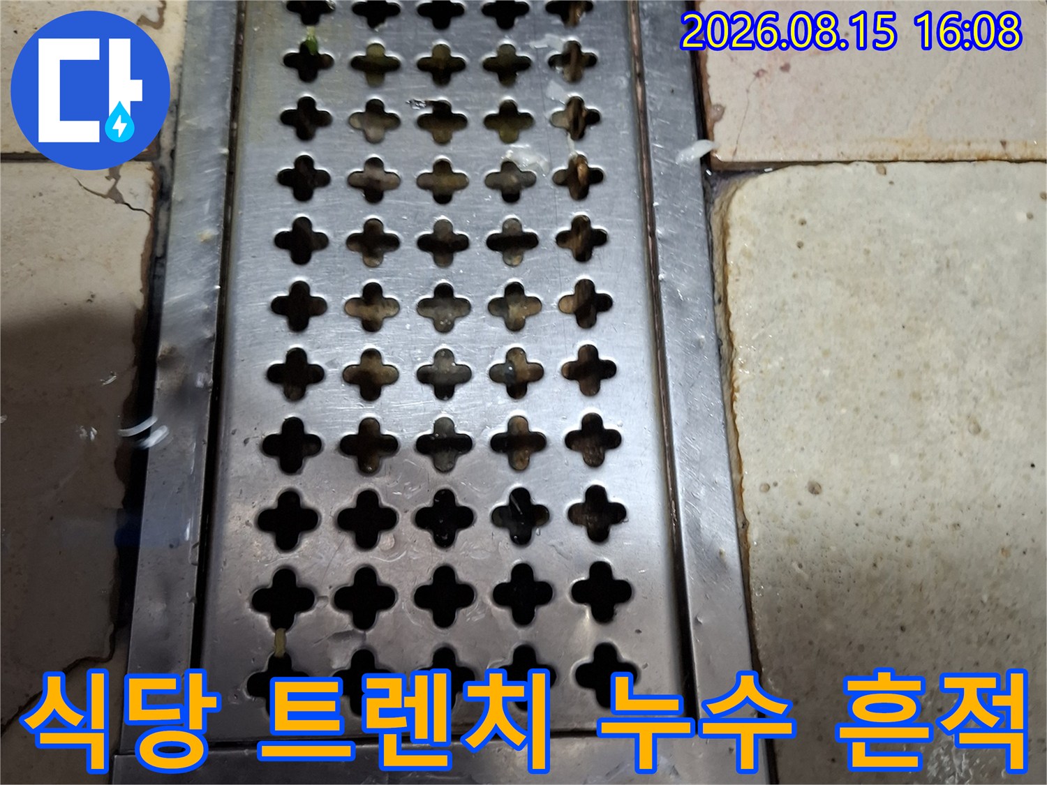 습기가 올라온 상업용 배수 트렌치와 타일 접합부