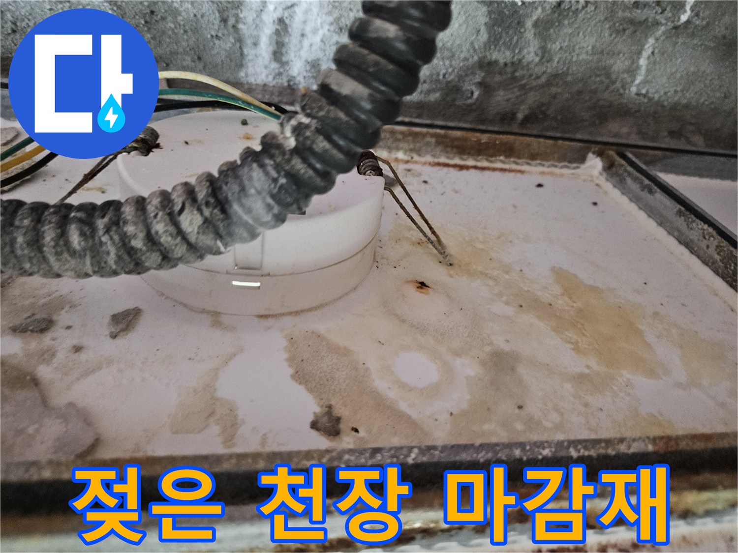 배관 주위로 번진 천장 물샘 흔적 및 오염
