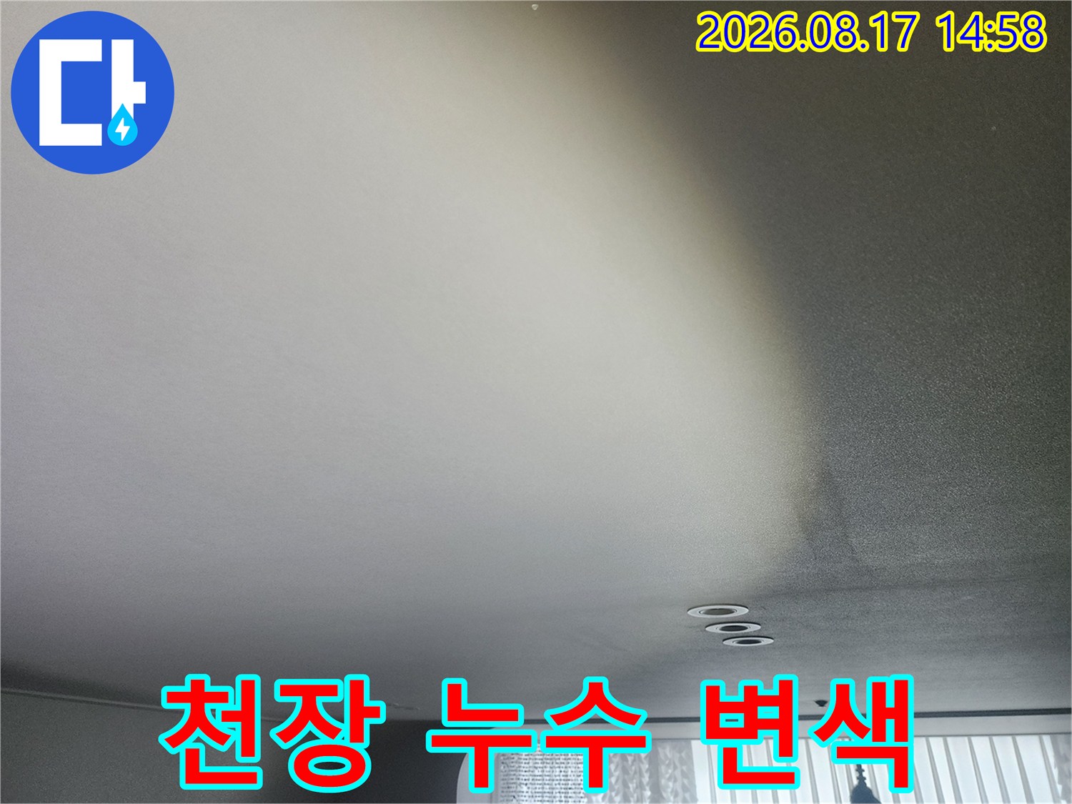 습기로 인해 넓게 얼룩진 천장 마감재의 모습