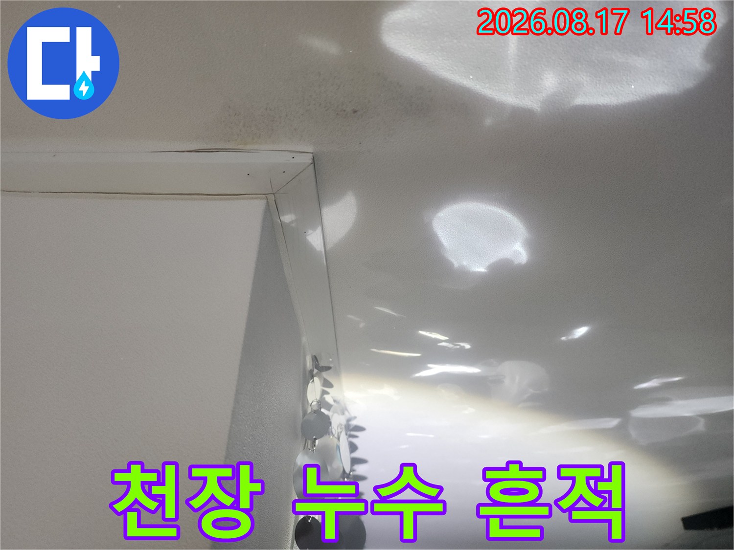 천장 마감재를 따라 나타난 젖은 얼룩과 물자국