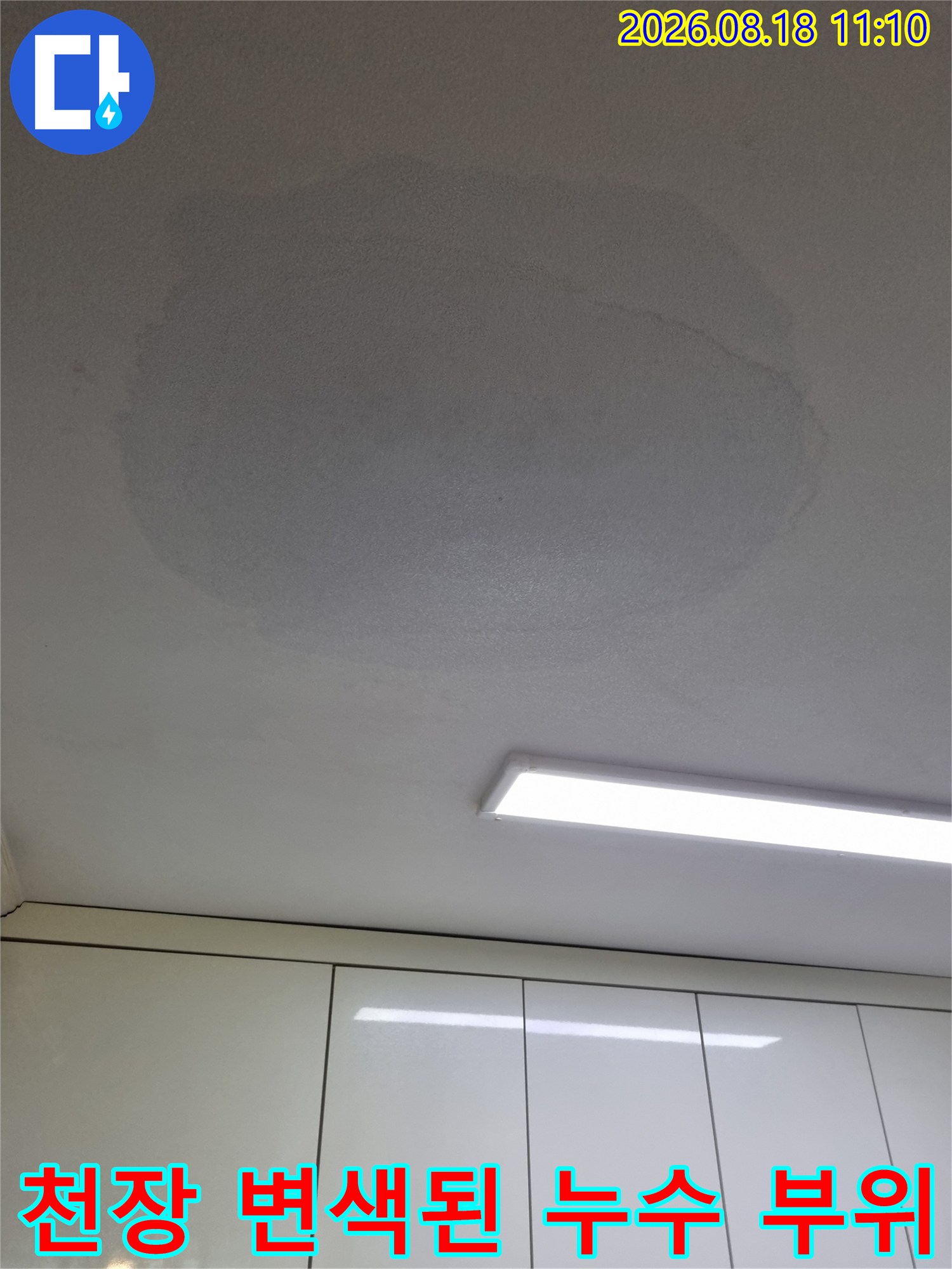 밝은 조명 아래 선명하게 보이는 천장 마감재의 젖은 얼룩과 변색 부위