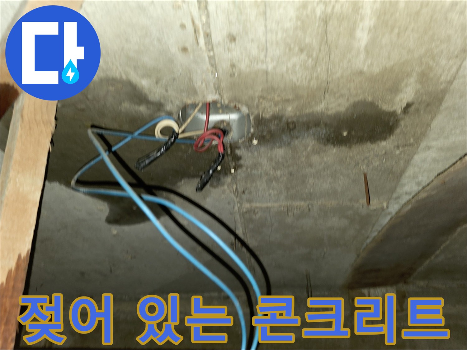 습기를 머금은 천장 콘크리트와 배관 주변의 변색 부위
