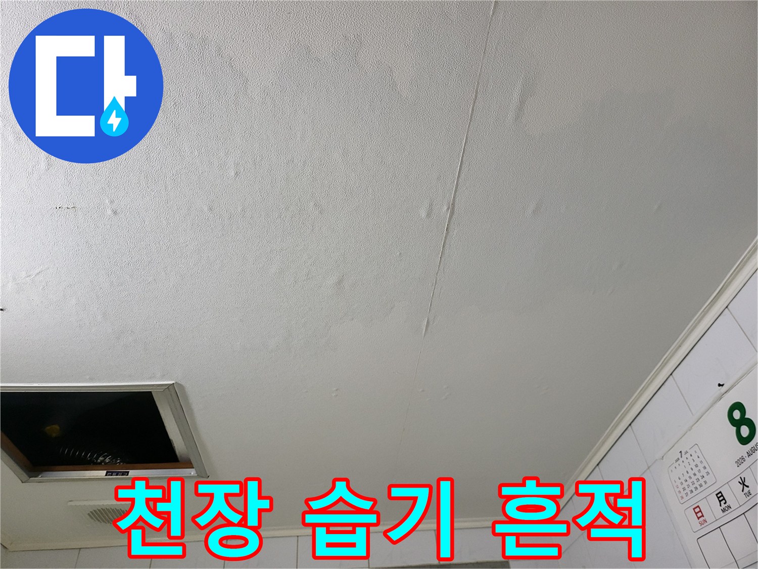 누수 발생으로 인해 넓게 퍼진 화장실 천장의 젖은 자국들
