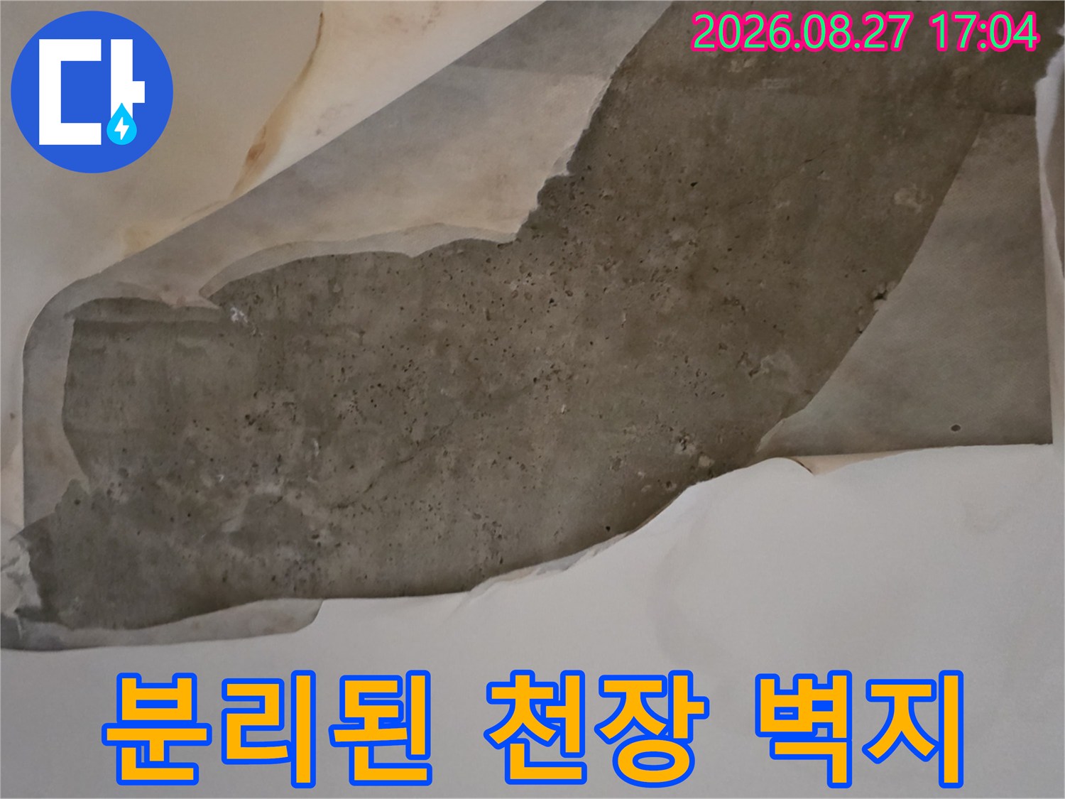 누수로 인해 층분리가 일어난 천장 도배지와 노출된 슬래브