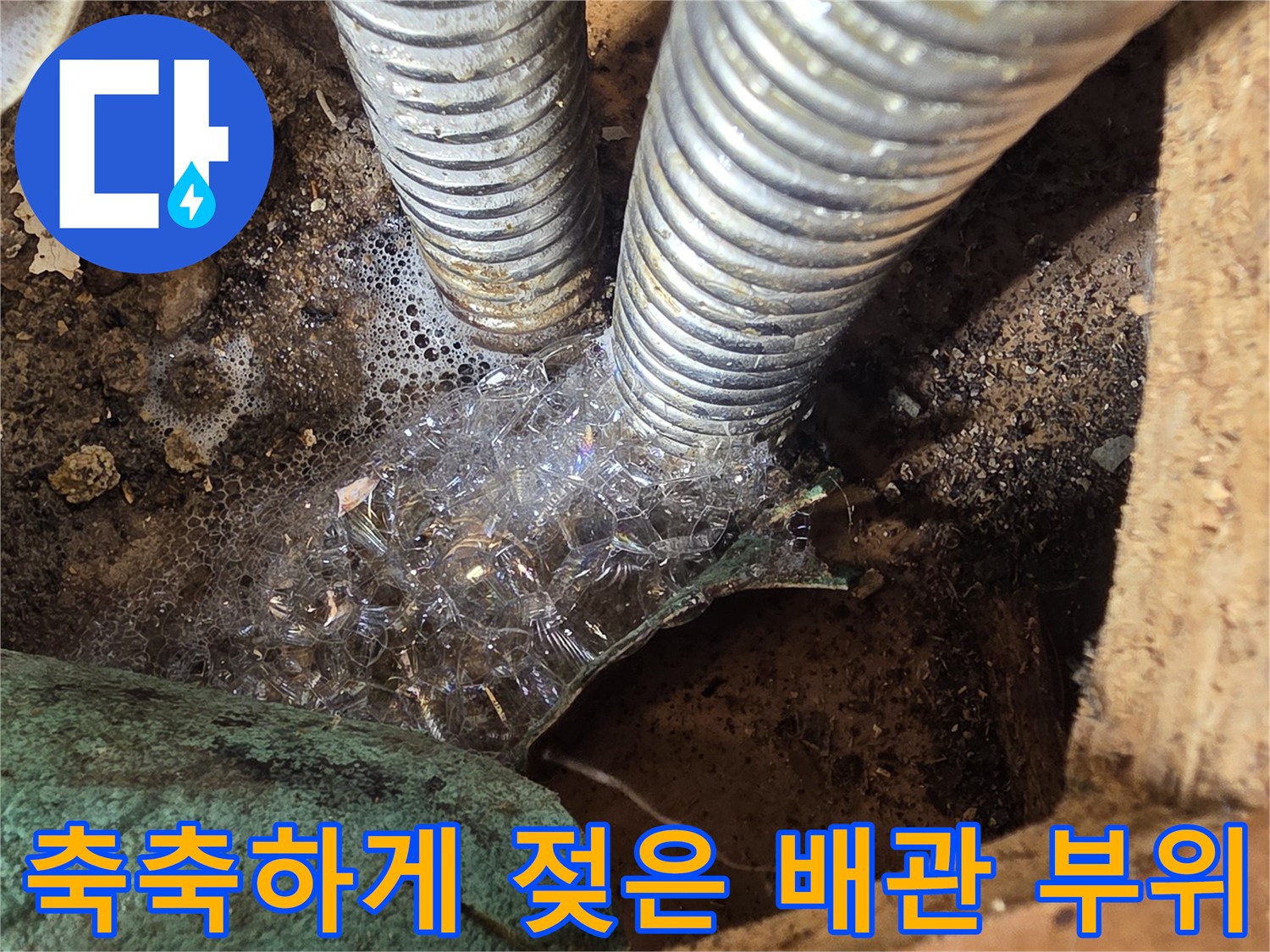 응봉동 현장-물샘이 발생하는 주름관 연결 부위의 근접 촬영입니다.