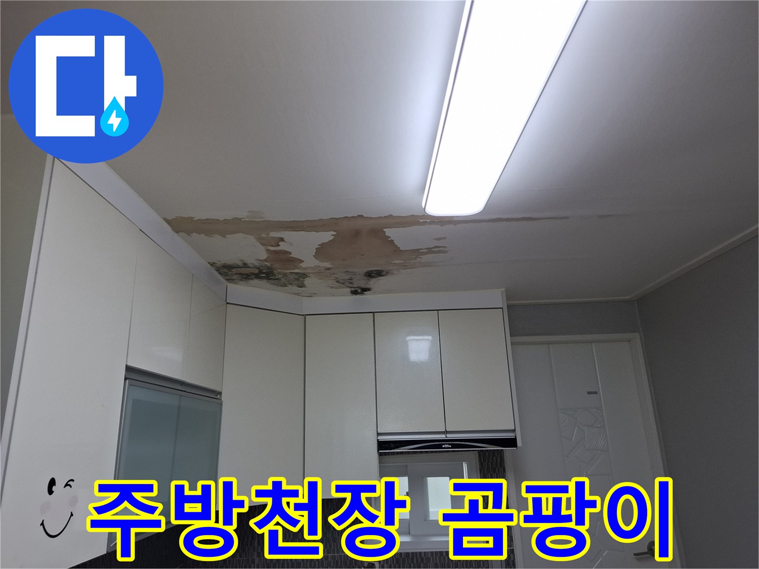 주방 상부장 근처-누수로 인한 천장 얼룩과 곰팡이 흔적