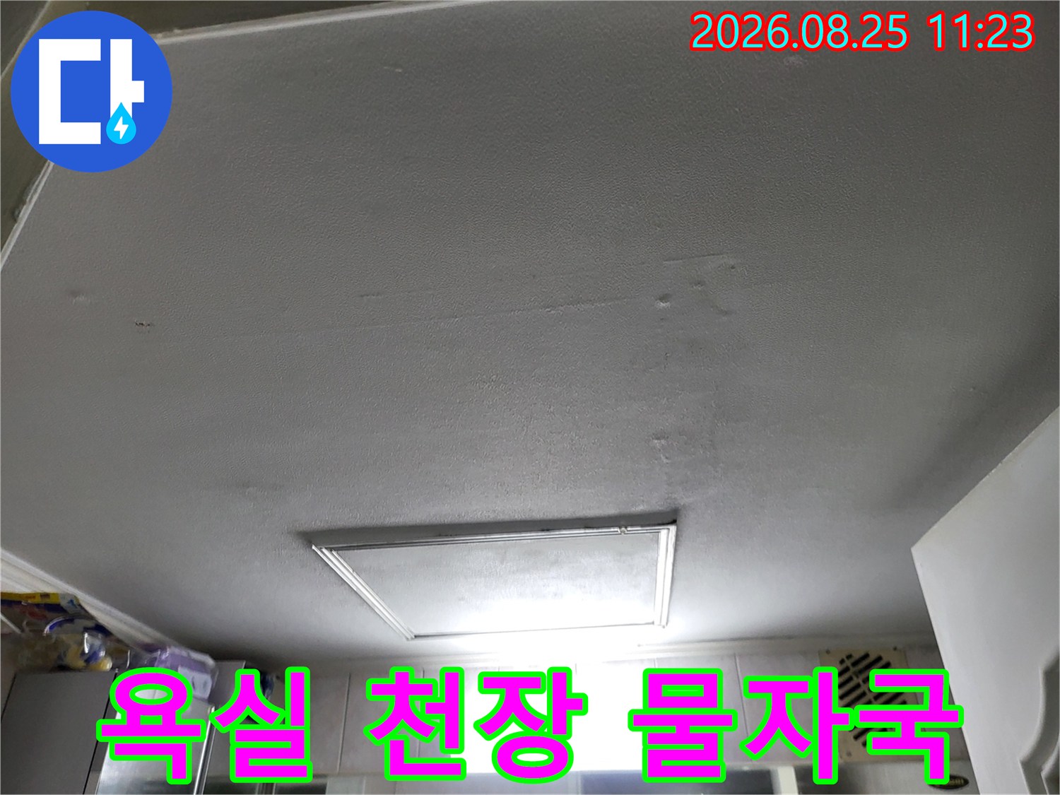 중산동 현장 화장실 천장 마감재의 누수 변색 부위 상세 모습