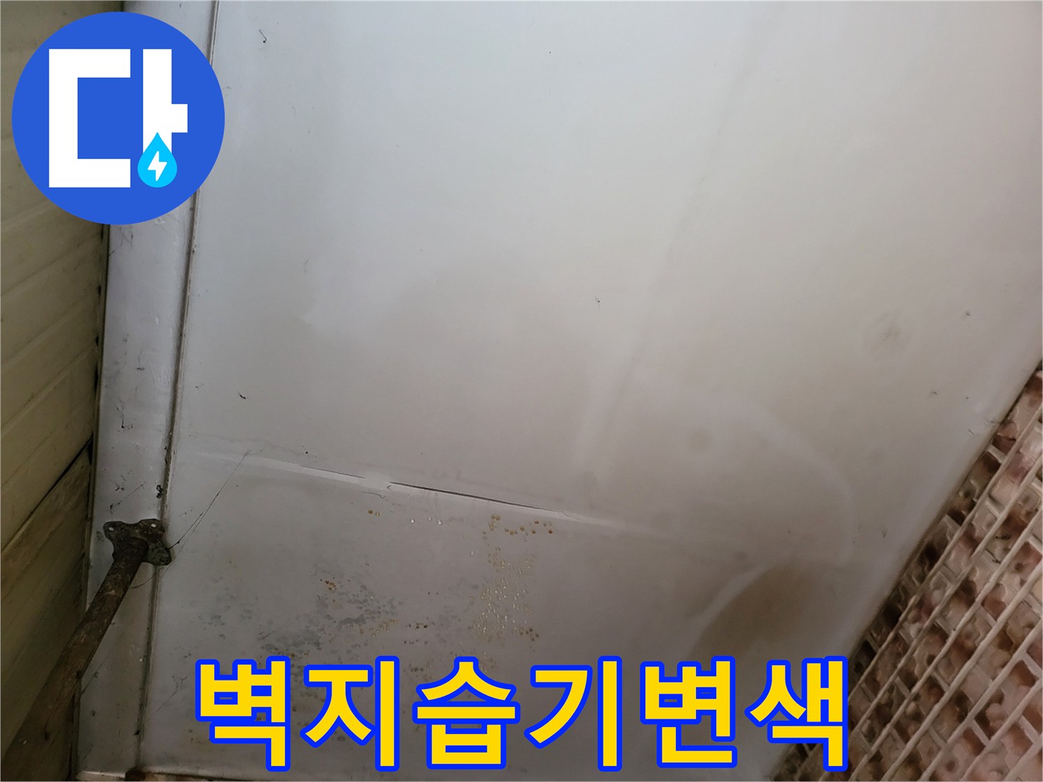 천장 벽면을 따라 발생한 눅눅한 습기와 얼룩진 부위
