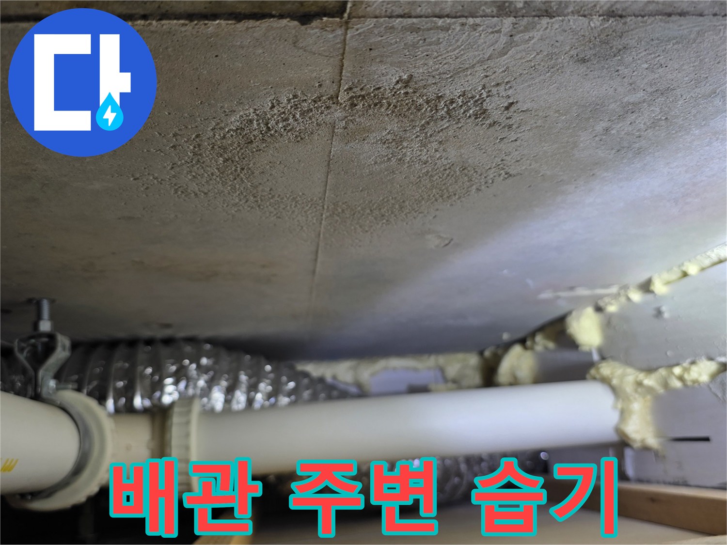 의정배관 연결 부위 근처의 천장 누수 얼룩 현황