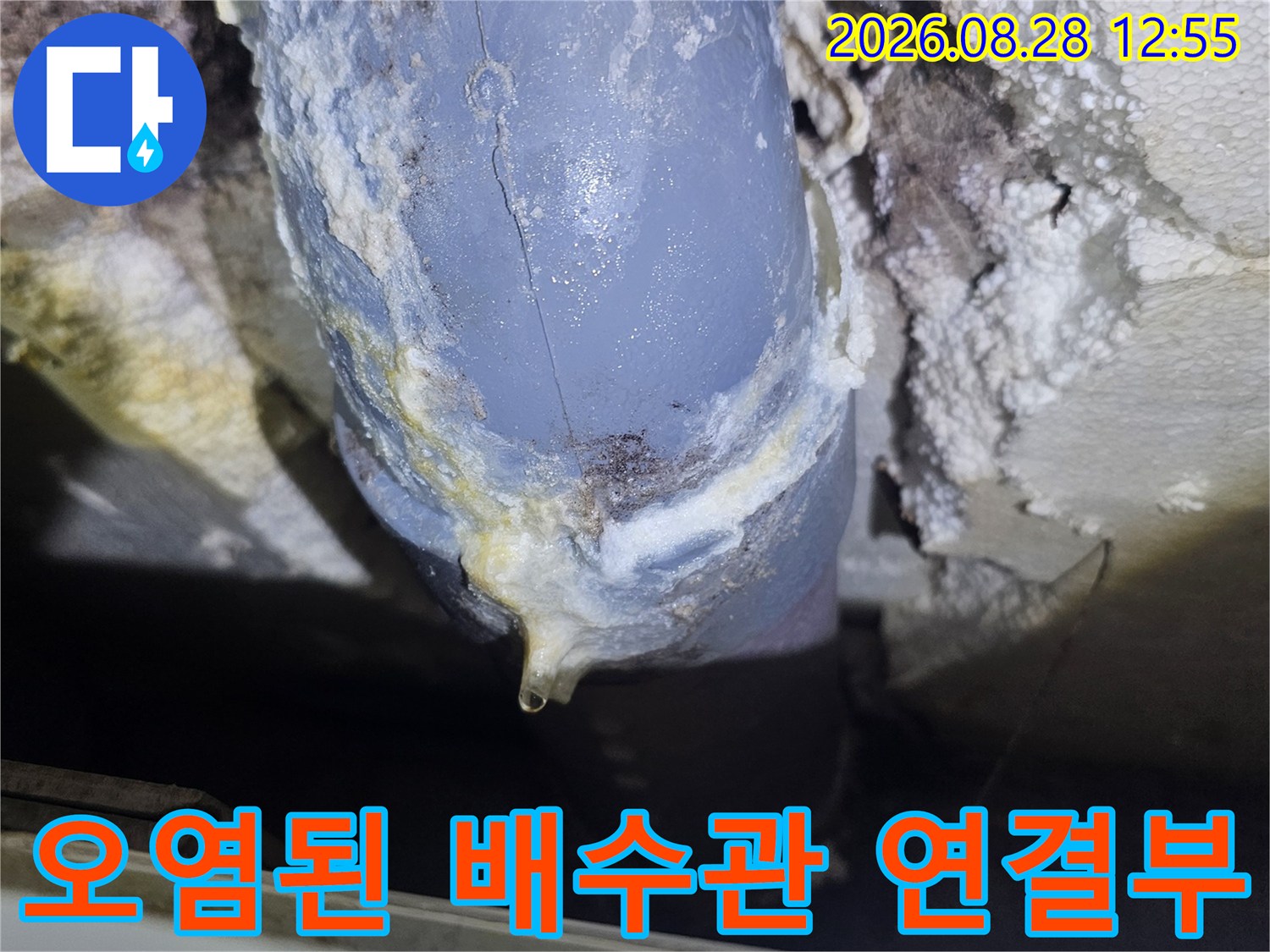 누수 흔적 발견-배수관 이음새 주변에 물이 스며든 자국과 변색된 부위