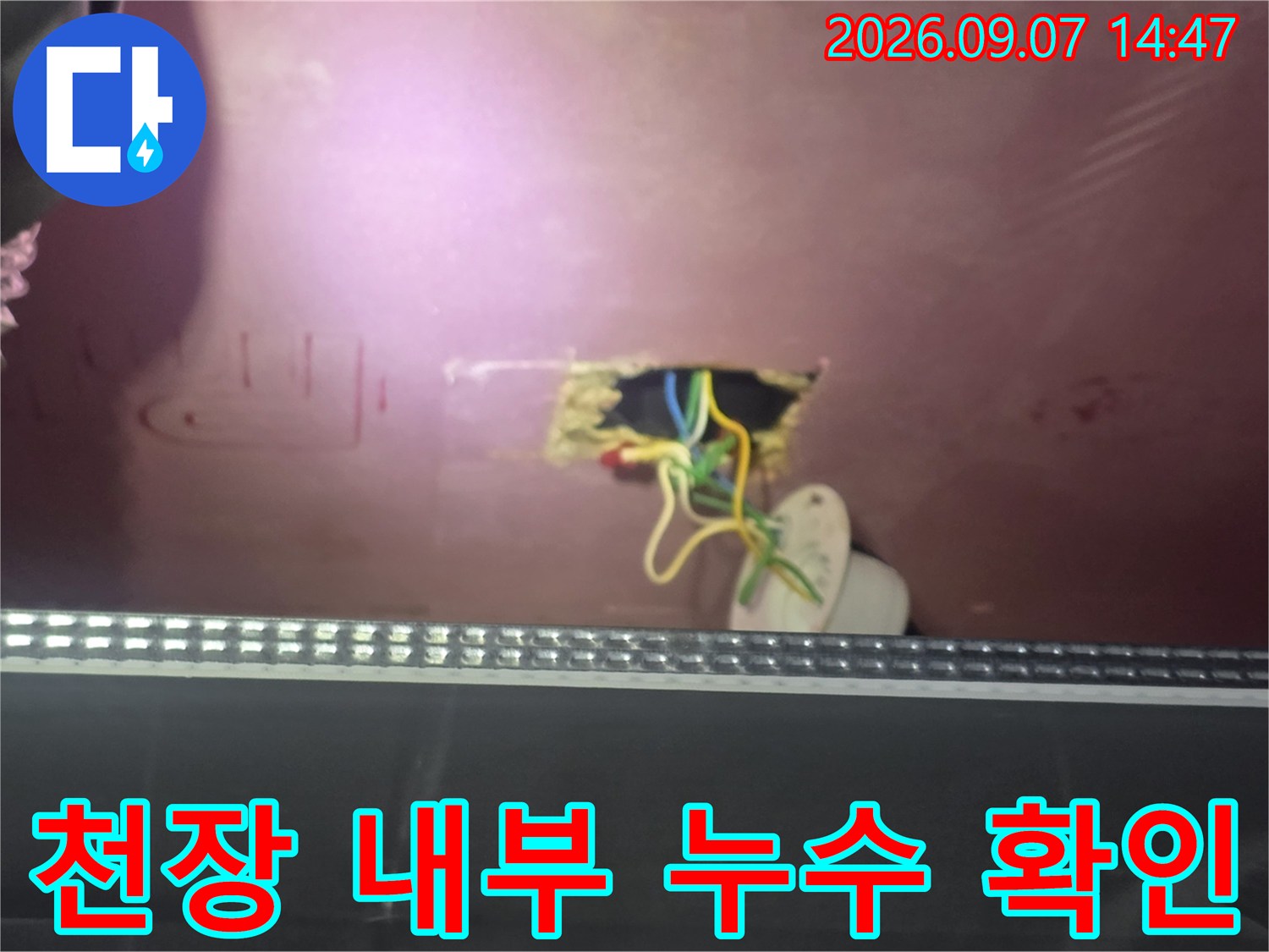 천장 점검구 사이로 보이는 젖은 배관과 노출된 전기 전선들의 모습입니다.