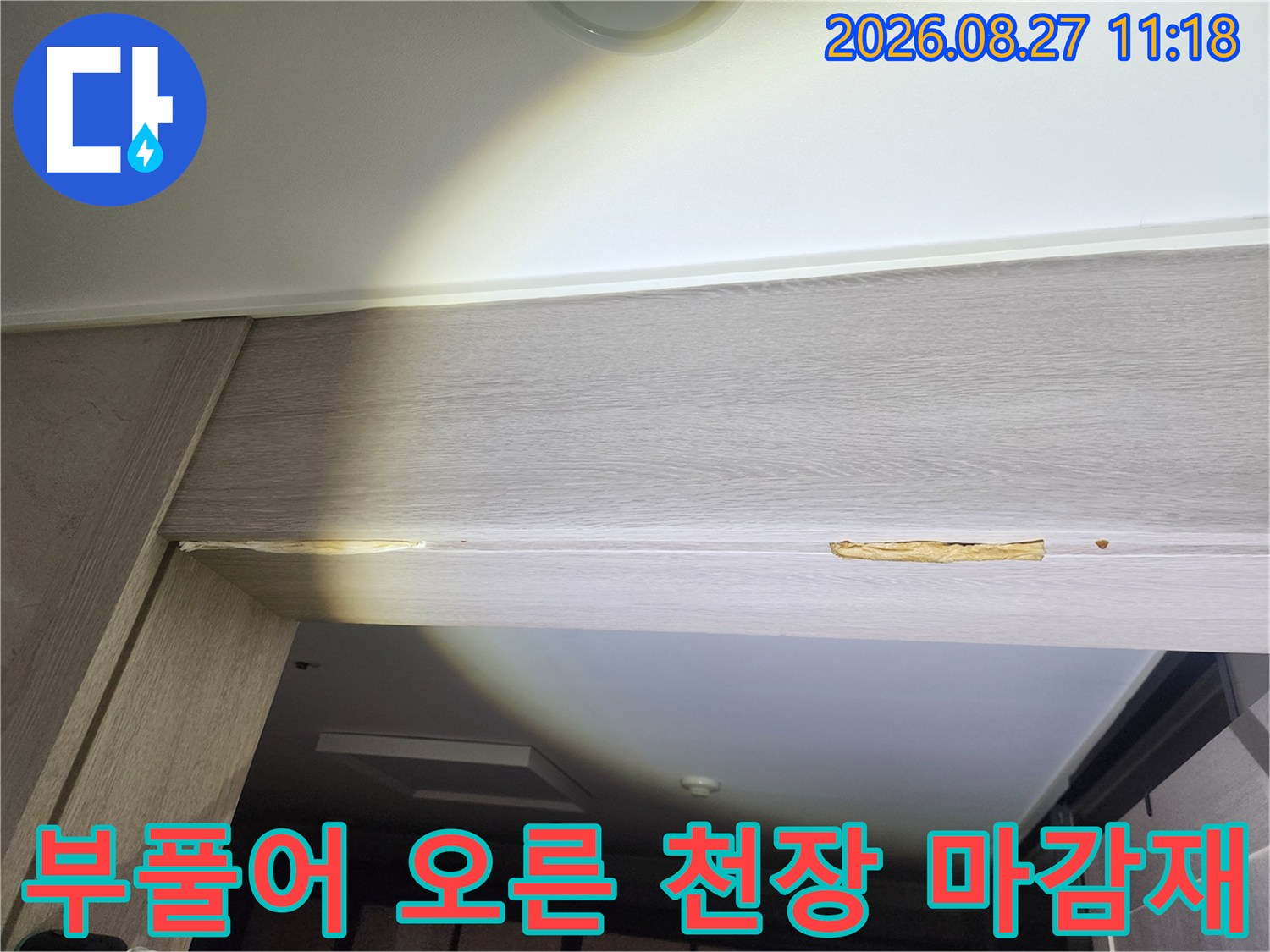 물에 젖어 갈라지고 하얗게 일어난 문틀 상단 목재