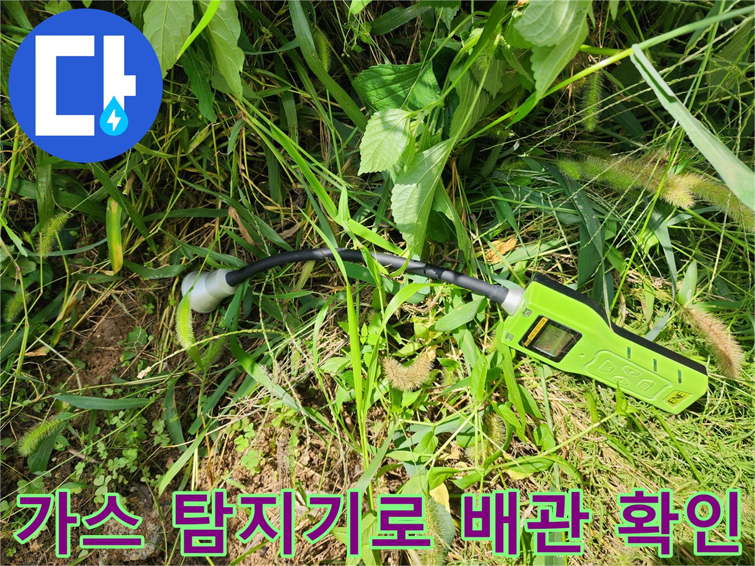 무성한 풀숲 사이에서-가스 탐지기를 활용하여-매설된 배락의 누수를 추적하는 모습